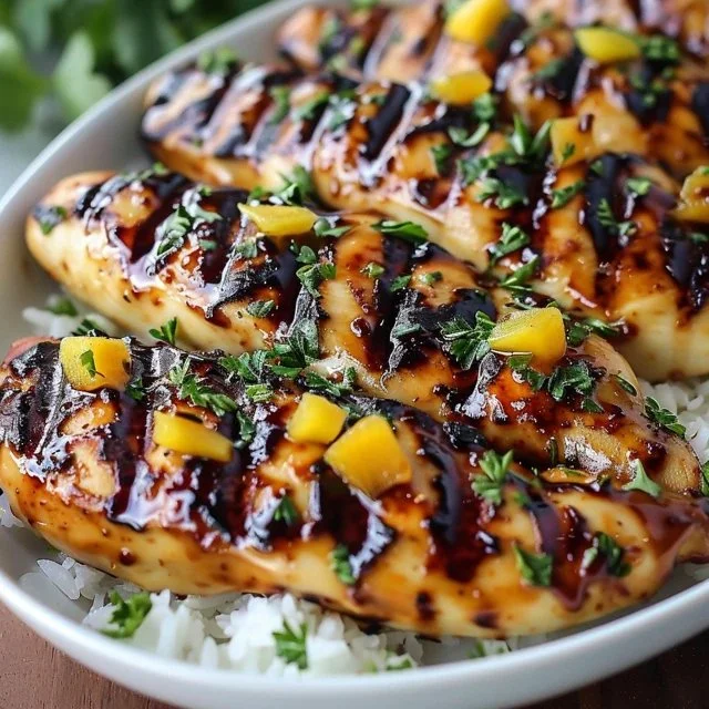 Asian mango glazed chicken twists with vibrant sauce and garnishes.