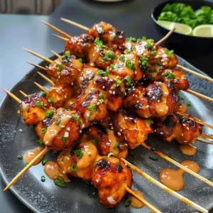 Bang Bang Chicken Skewers ready to serve, perfect for barbecues and gatherings.