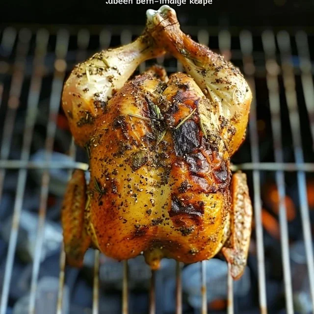 Juicy beer can chicken on the grill, showcasing golden skin and flavorful seasoning.