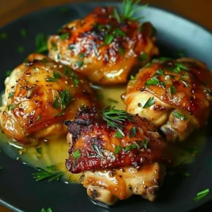 Juicy creamy garlic chicken thighs garnished with herbs