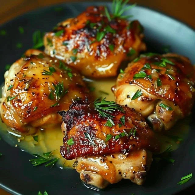 Juicy creamy garlic chicken thighs garnished with herbs