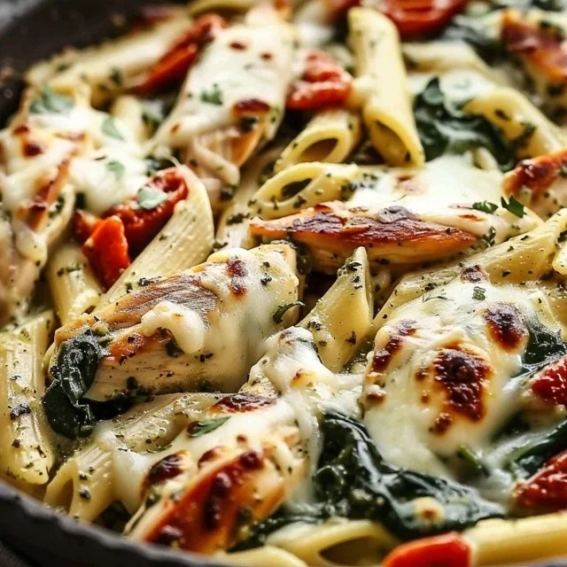 Delicious pesto baked chicken served with fresh herbs and vegetables