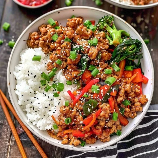 Delicious protein firecracker bowls with ground chicken garnished with fresh vegetables
