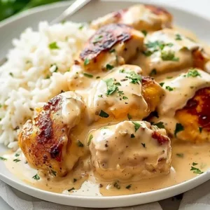 Delicious plate of best smothered chicken and rice, garnished and ready to serve