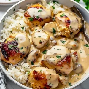 Delicious smothered chicken served with rice on a white plate