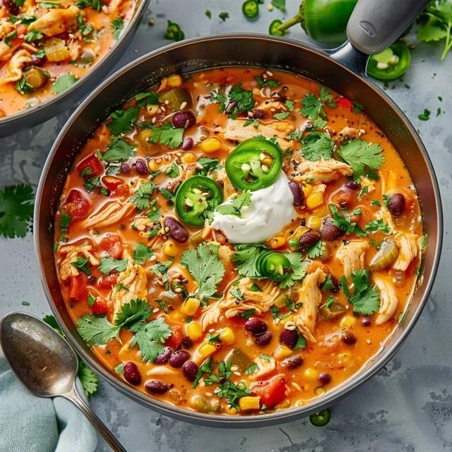 Bowl of delicious Chicken Enchilada Soup topped with cheese and cilantro