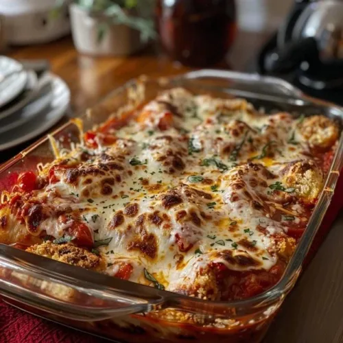 Delicious Chicken Parmesan Casserole served in a baking dish