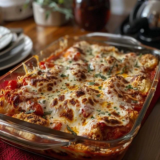 Delicious Chicken Parmesan Casserole served in a baking dish
