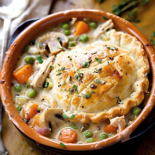 Delicious Chicken Pot Pie Soup served in a bowl, garnished with parsley.