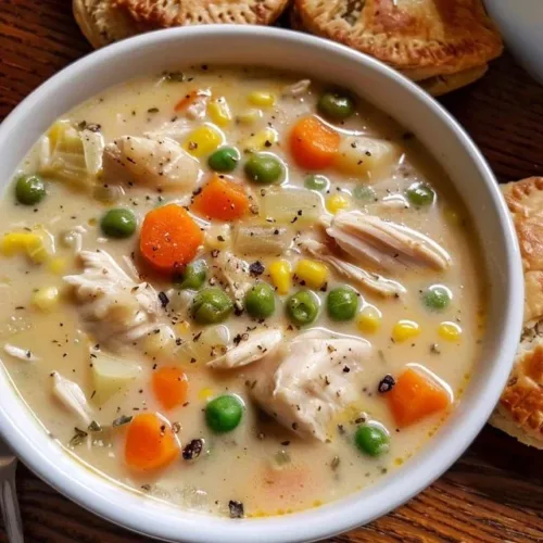 Bowl of Chicken Pot Pie Soup garnished with herbs, hearty and comforting dish.