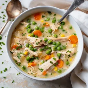 Delicious Chicken Pot Pie Soup made in a crockpot, featuring chicken and veggies.
