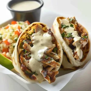 Delicious Chicken Shawarma drizzled with creamy garlic sauce, served on a plate
