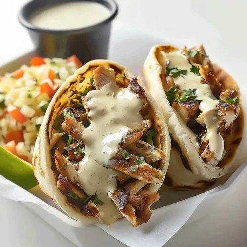 Delicious Chicken Shawarma drizzled with creamy garlic sauce, served on a plate