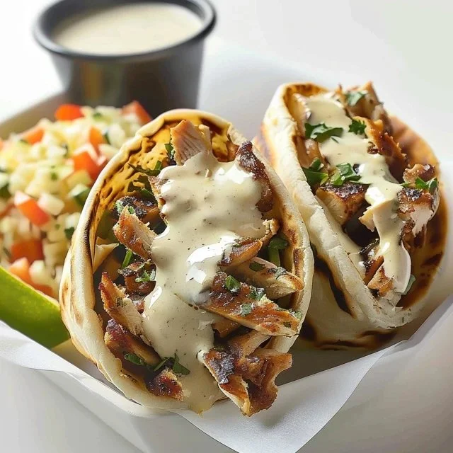 Delicious Chicken Shawarma drizzled with creamy garlic sauce, served on a plate
