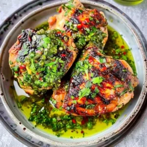 Chimichurri Chicken Thighs garnished with fresh herbs and served on a plate.