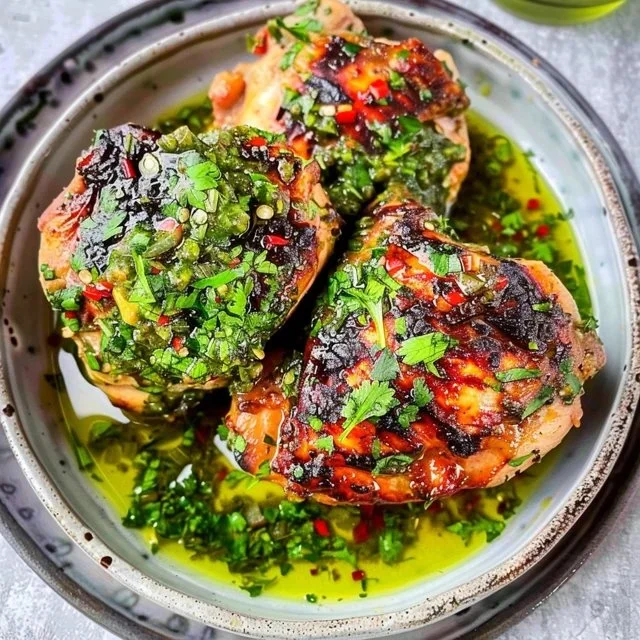 Chimichurri Chicken Thighs garnished with fresh herbs and served on a plate.