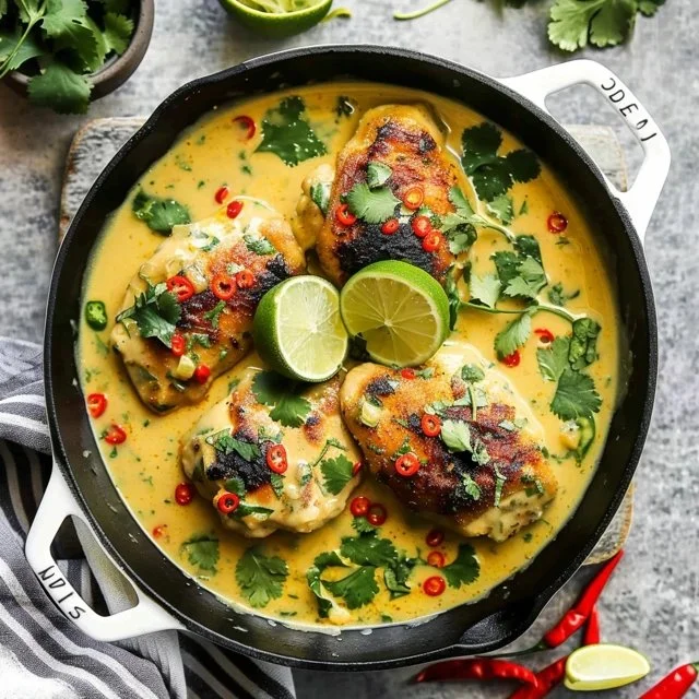 Delicious Coconut Lime Chicken served with fresh herbs and lime slices