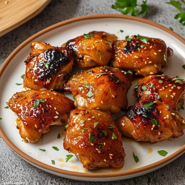 Succulent honey garlic chicken thighs cooked to perfection, served in a cozy setting.