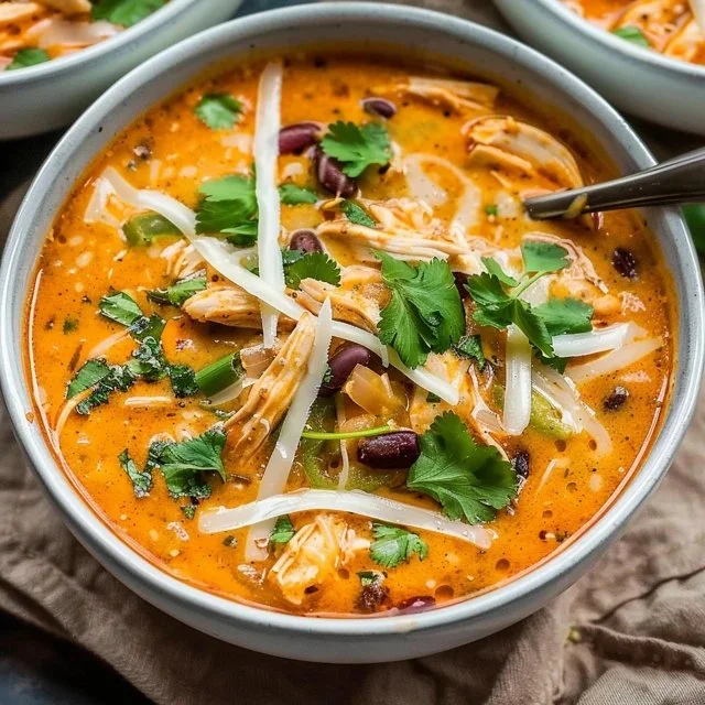 Bowl of creamy chicken enchilada soup topped with cilantro and cheese
