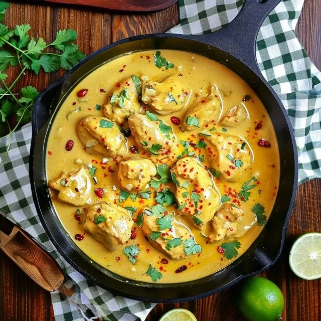 Creamy coconut lime chicken dish with vibrant garnishes