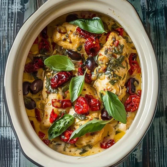 Creamy Crockpot Tuscan Chicken served with herbs and spices.