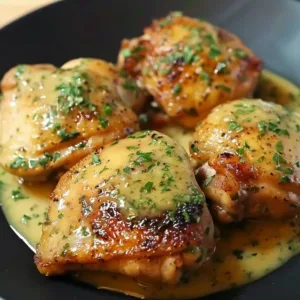 Creamy garlic chicken thighs garnished with fresh herbs on a plate.
