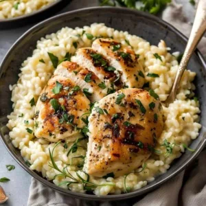 Creamy garlic herb chicken risotto served in a white bowl with fresh herbs