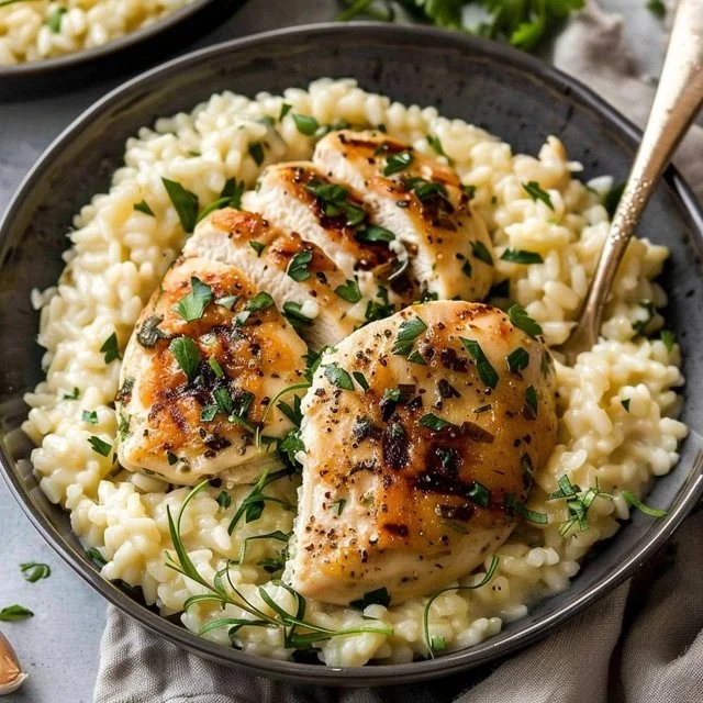 Creamy garlic herb chicken risotto served in a white bowl with fresh herbs