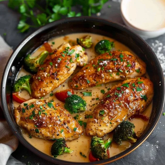Creamy garlic parmesan chicken on a plate garnished with herbs