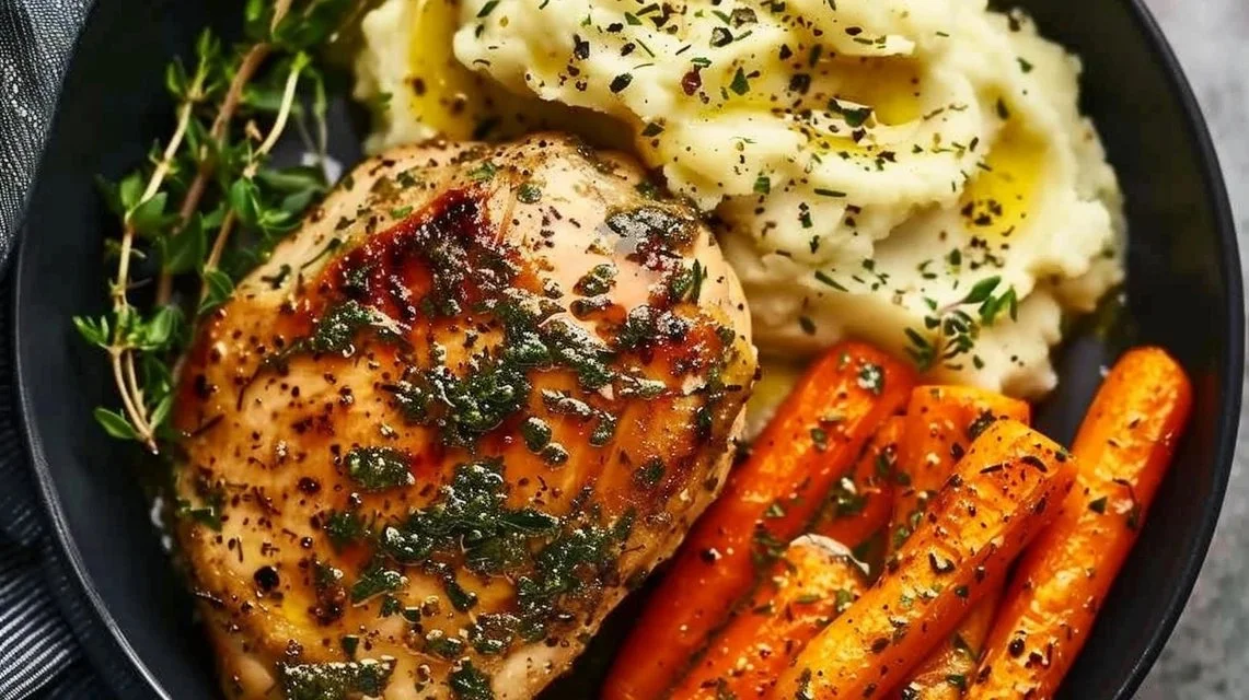 Creamy Herb Chicken with Mashed Potatoes and Honey Glazed Carrots
