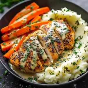 Delicious creamy herb chicken with mashed potatoes and glazed carrots on a plate.