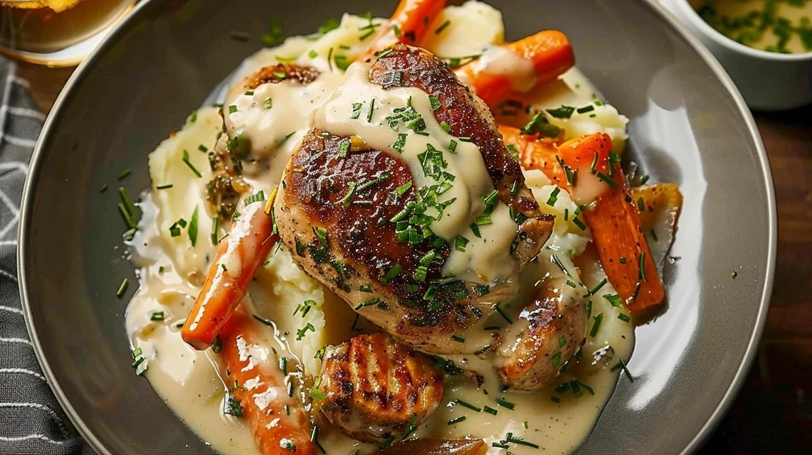 Creamy Herb Chicken with Mashed Potatoes & Glazed Carrots