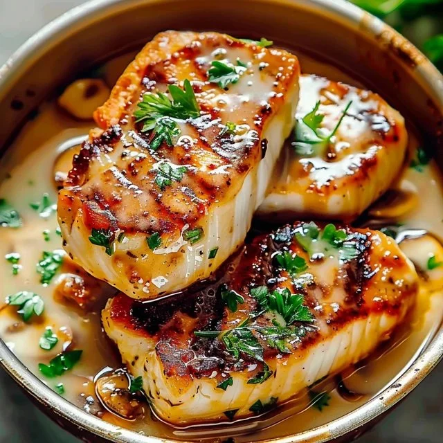 Creamy Parmesan Chicken Bake with herbs and cheese served in a baking dish