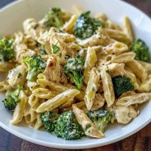 Creamy rotisserie chicken pasta garnished with herbs in a bowl