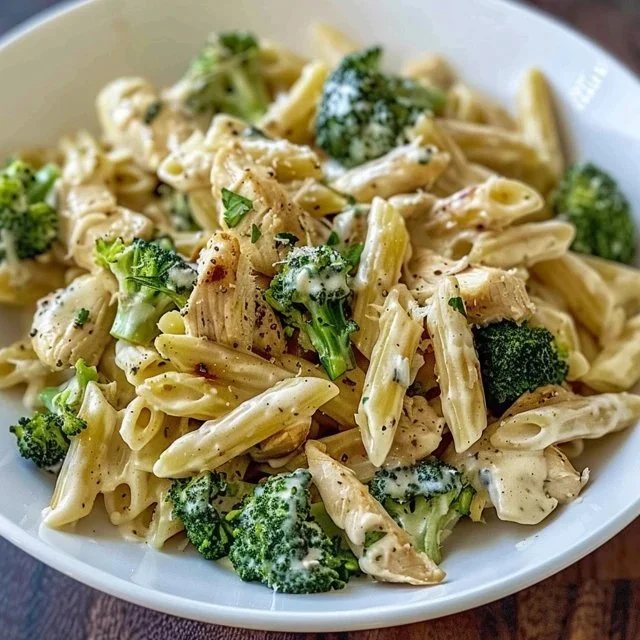 Creamy rotisserie chicken pasta garnished with herbs in a bowl