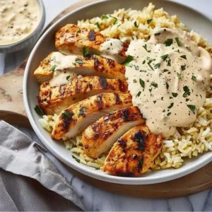 Creamy smothered chicken served over fluffy rice in a comforting dish.