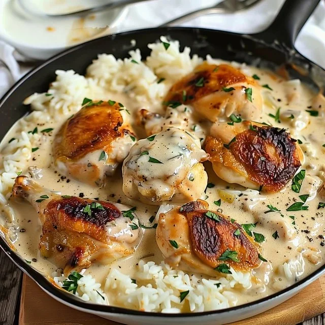 Creamy smothered chicken served over rice, a comforting dinner dish.