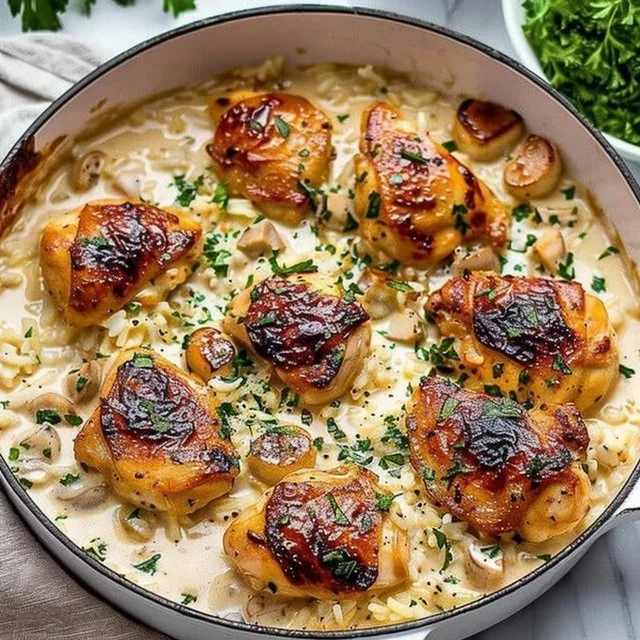 Creamy smothered chicken served over rice in a delicious sauce