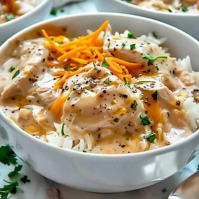 Creamy smothered chicken served with fluffy rice on a plate.