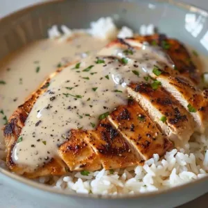 Creamy smothered chicken served on rice with a rich gravy