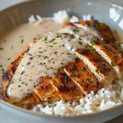 Creamy smothered chicken served on rice with a rich gravy