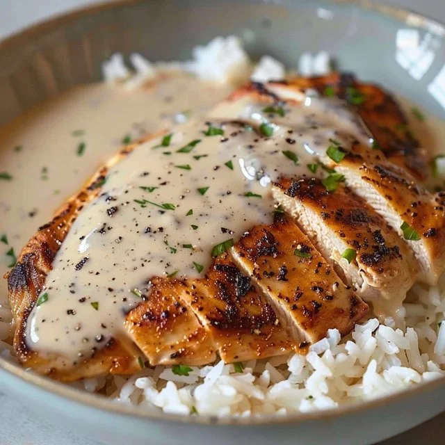 Creamy smothered chicken served on rice with a rich gravy