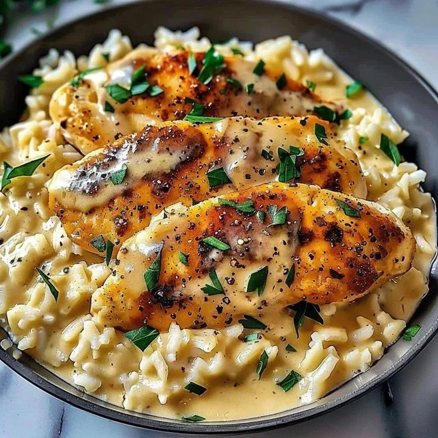 Creamy smothered chicken served over rice, perfect for dinner.