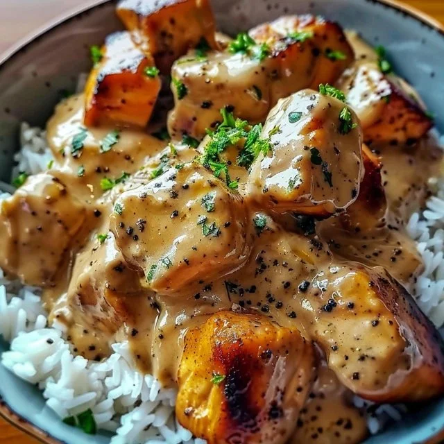Delicious creamy smothered chicken served on a bed of fluffy rice, comfort food delight.