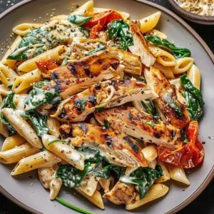 Creamy spinach chicken pasta served in a bowl with fresh ingredients