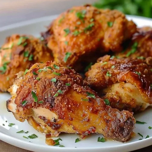 Crispy baked chicken thighs served with fresh herbs and vegetables