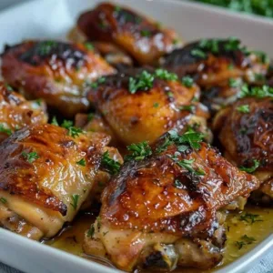 Crispy baked chicken thighs served on a white plate with herbs