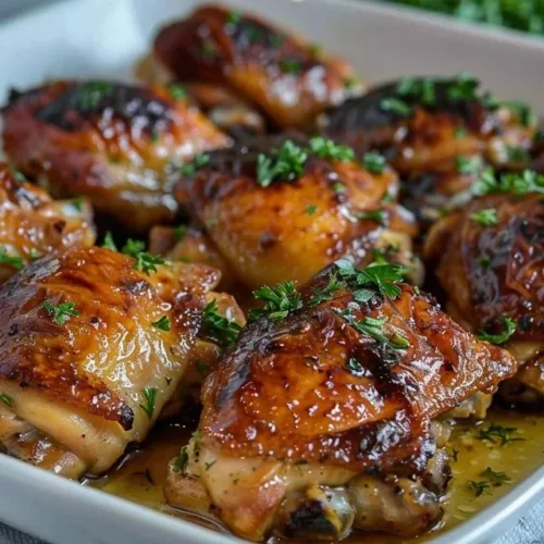 Crispy baked chicken thighs served on a white plate with herbs