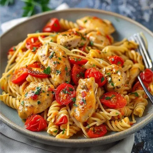 Crockpot Angel Chicken with Pasta served in a bowl