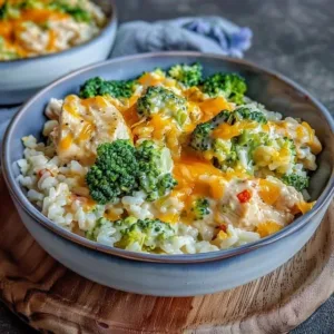 Crockpot broccoli cheddar chicken and rice served in a bowl with fresh herbs